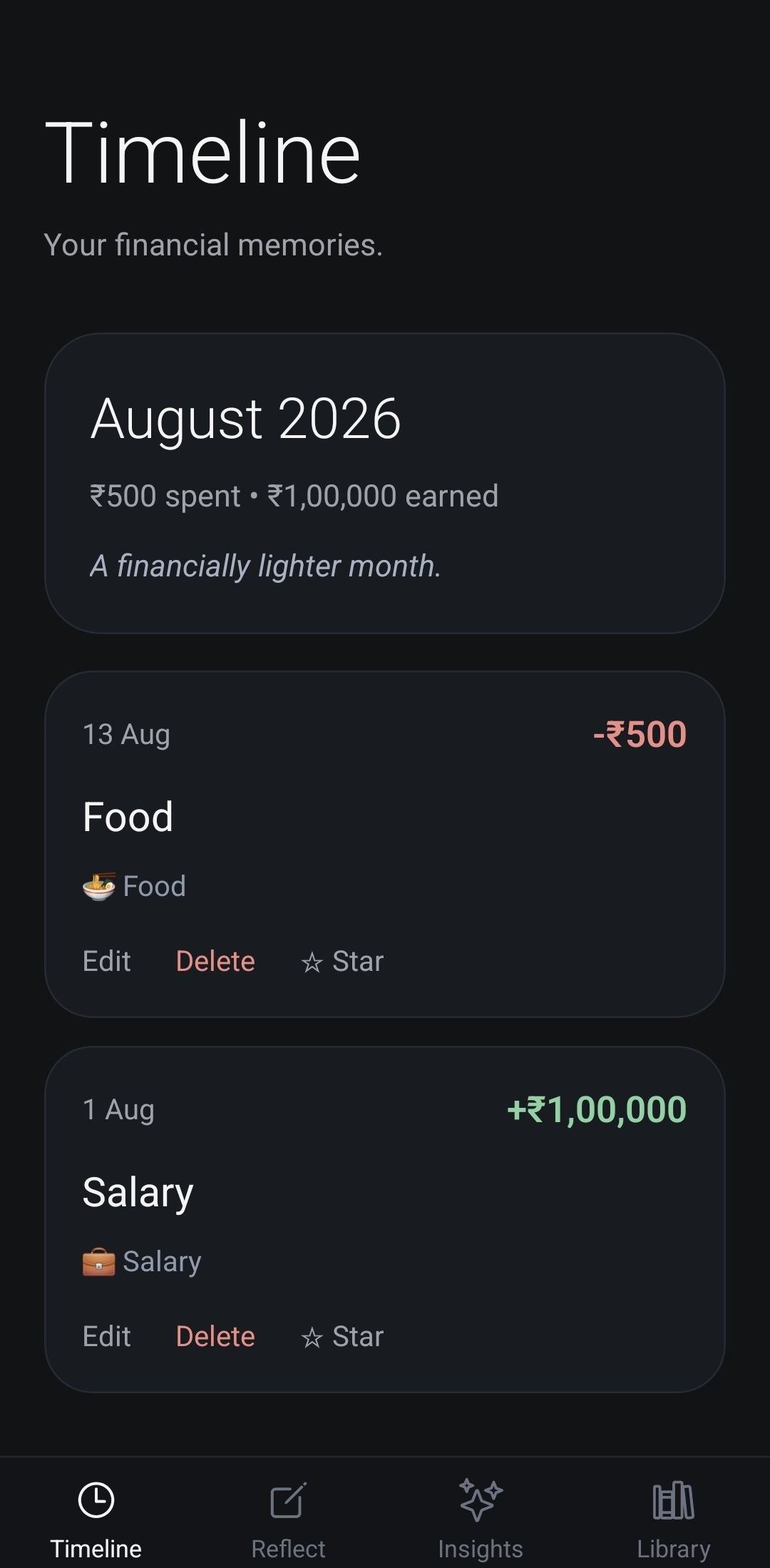 Sanchita mobile app timeline screen showing financial memories and monthly reflections